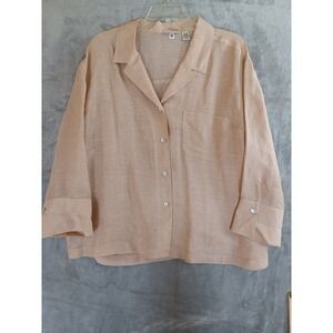 Chicos Sz 3 / XL Top Linen Silk‎ 3/4 Sleeve Button Down Beige Light Semi Sheer